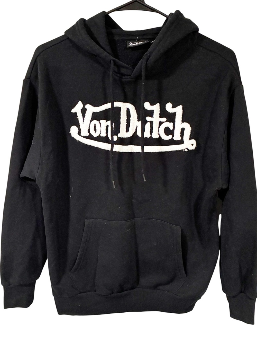 Von Dutch Unisex Size Small Black White Sherpa Letter Pullover Hooded Sweatshirt